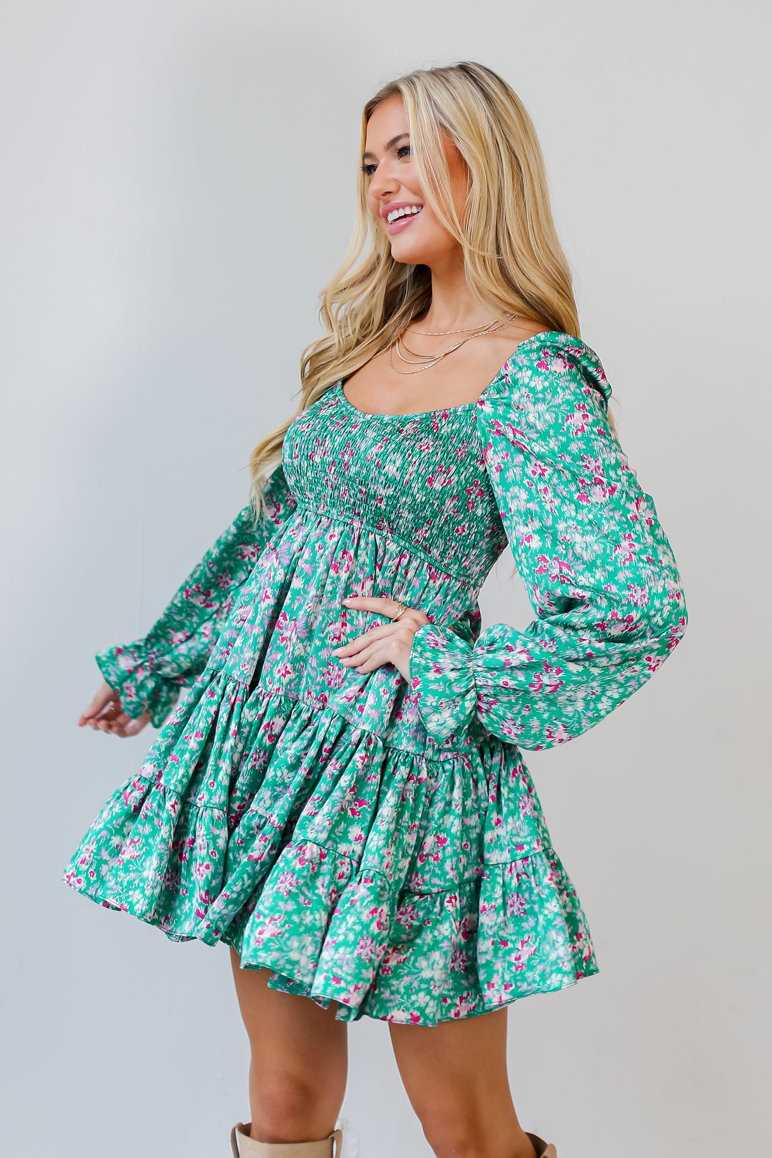 green Tiered Mini Dress on model Dress Boutique Online | Dress Up