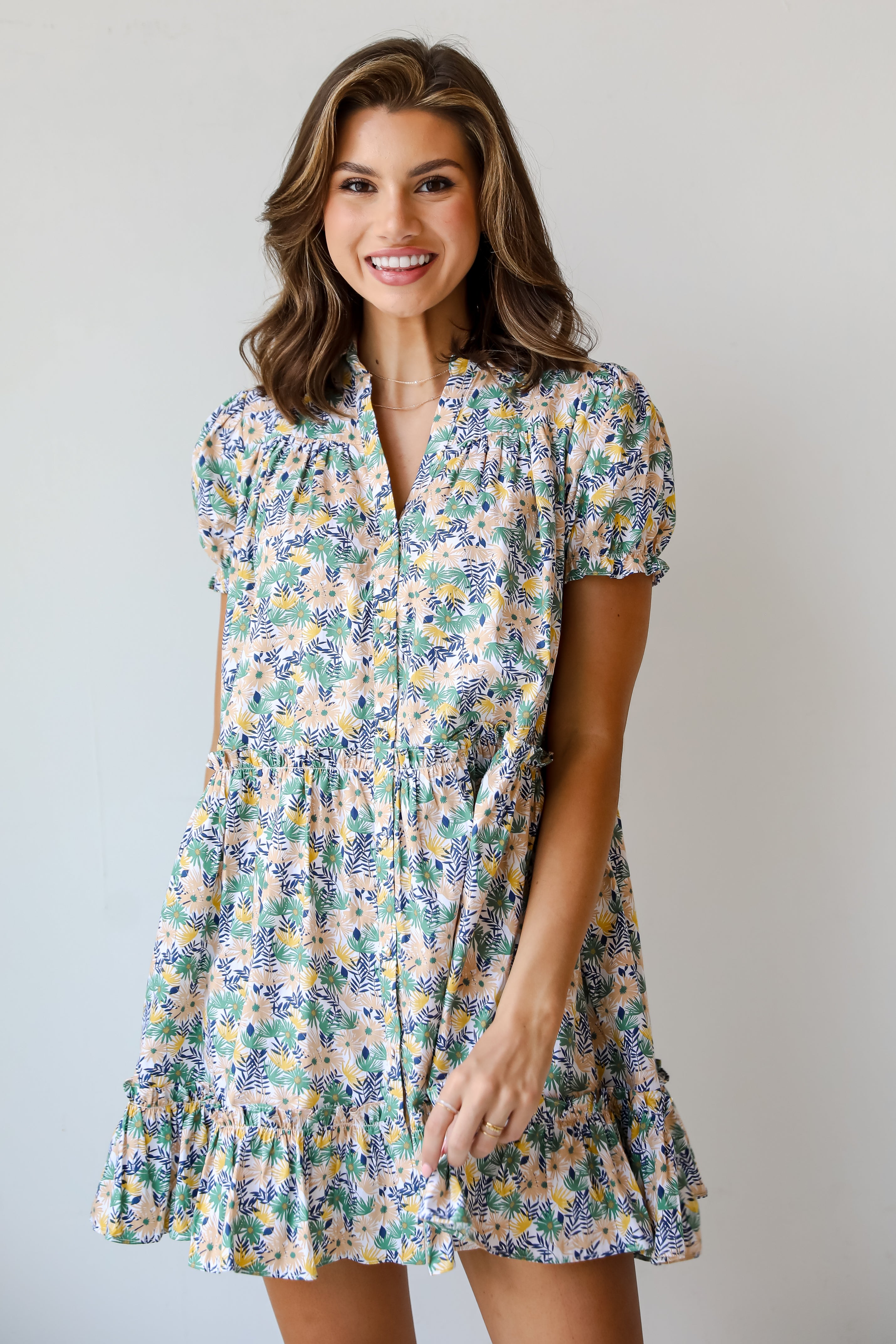 Love In The Garden Green Floral Tiered Mini Dress