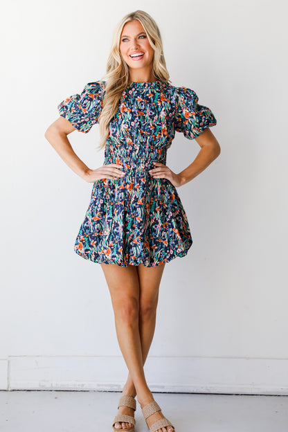 navy Floral Bubble Mini Dress on model