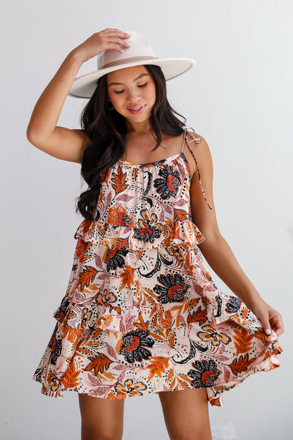 Stellar Poise Brown Floral Tiered Mini Dress