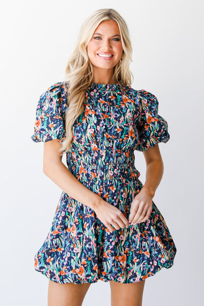 navy Floral Bubble Mini Dress front view