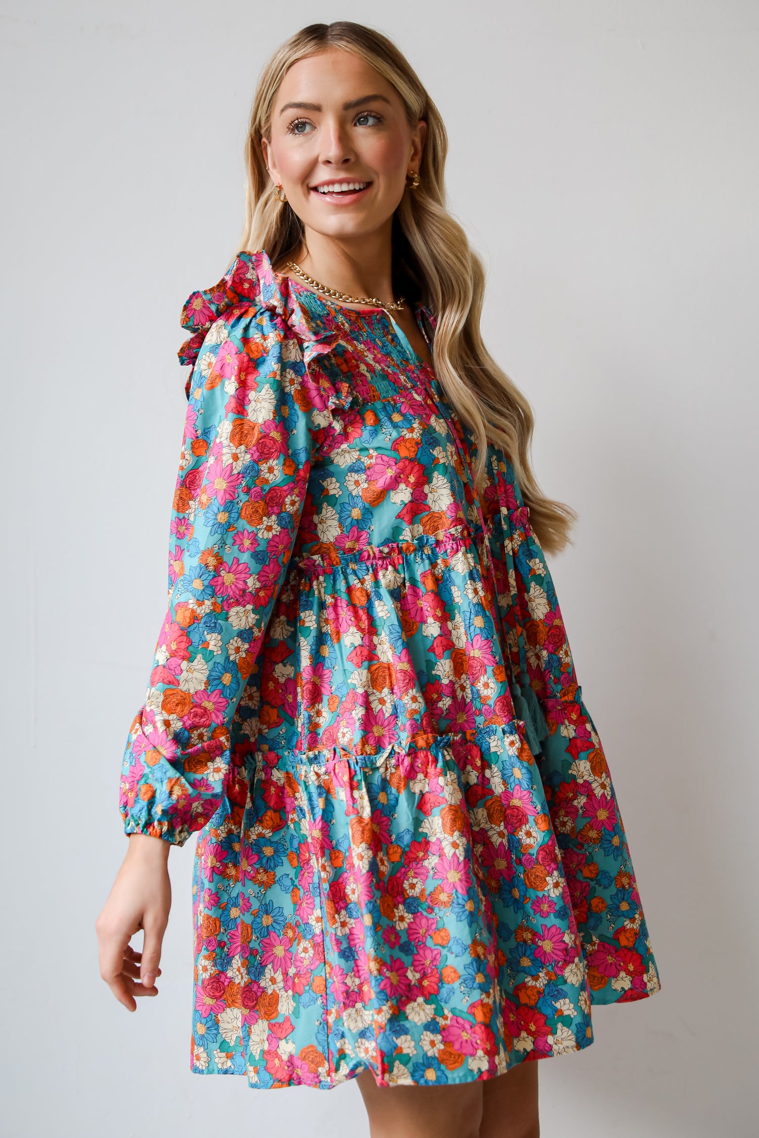 flowy Teal Tiered Floral Mini Dress