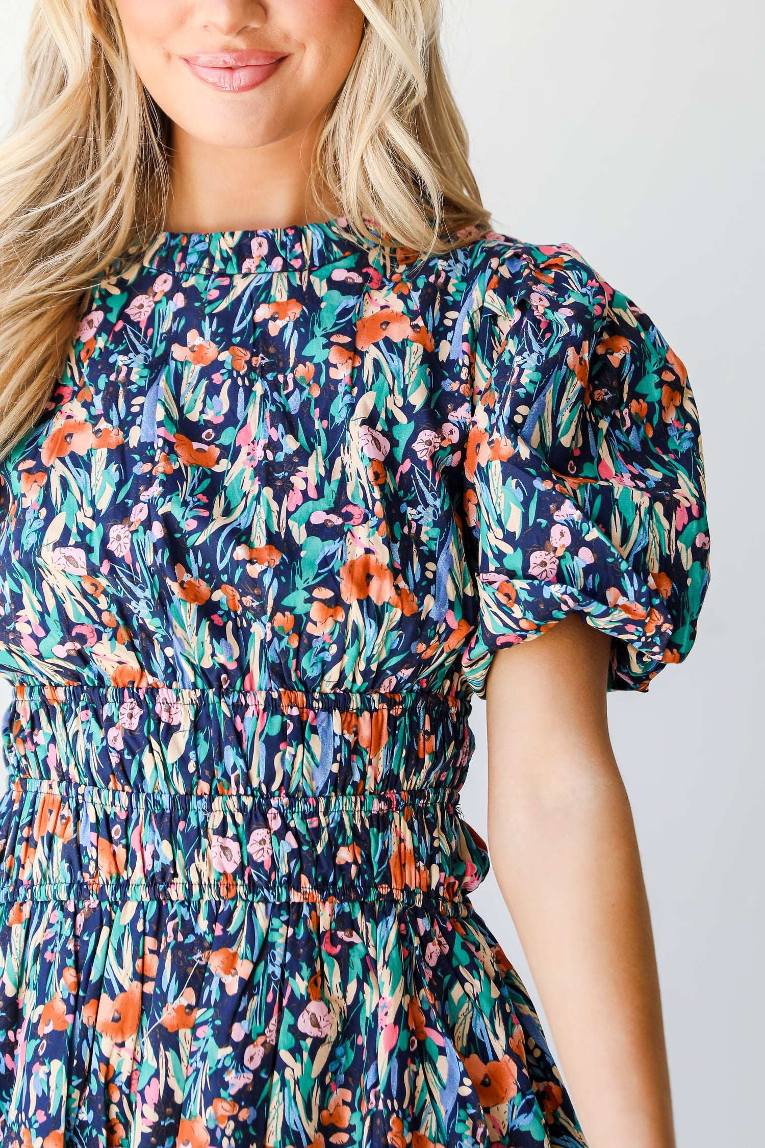 navy Floral Bubble Mini Dress close up