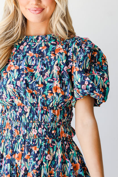 navy Floral Bubble Mini Dress close up