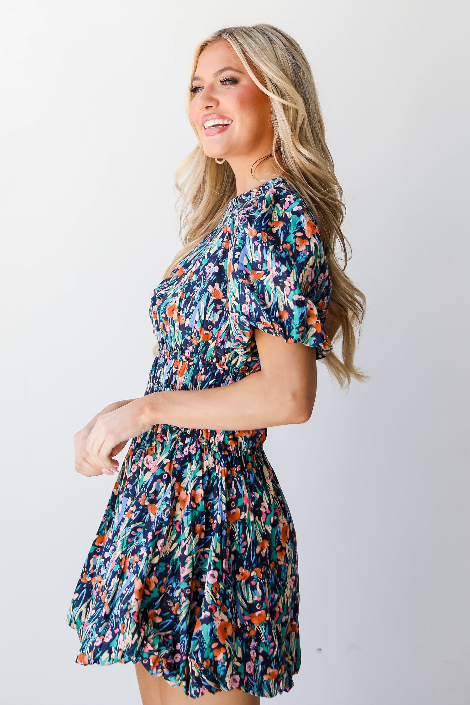 navy Floral Bubble Mini Dress side view