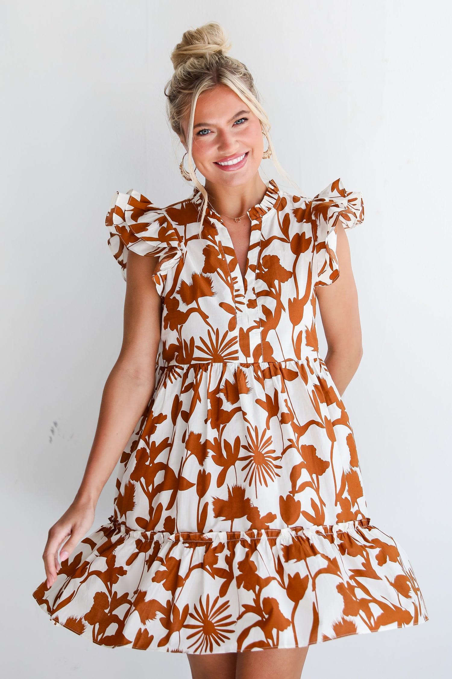 womens Brown Floral Mini Dress