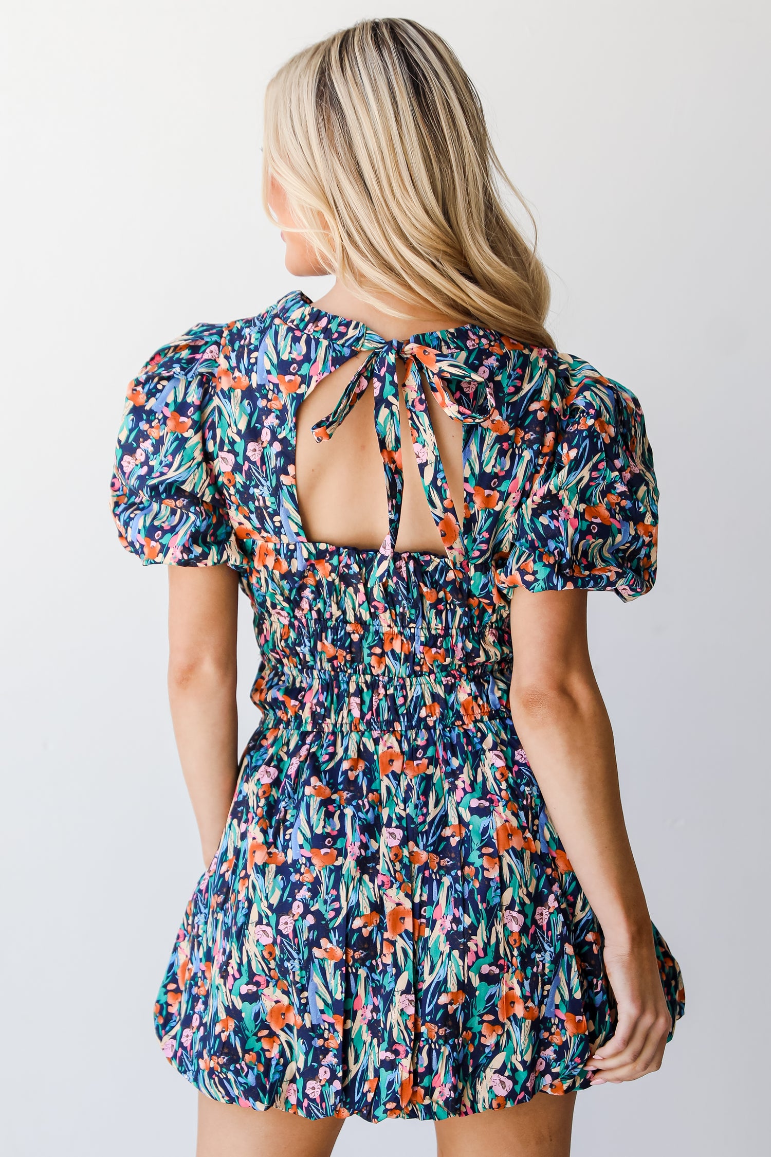 navy Floral Bubble Mini Dress back view