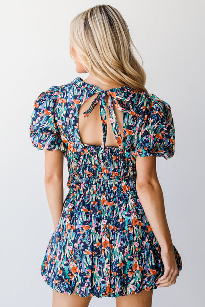 navy Floral Bubble Mini Dress back view