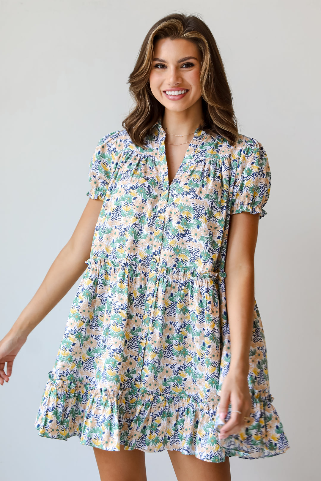 Love In The Garden Green Floral Tiered Mini Dress
