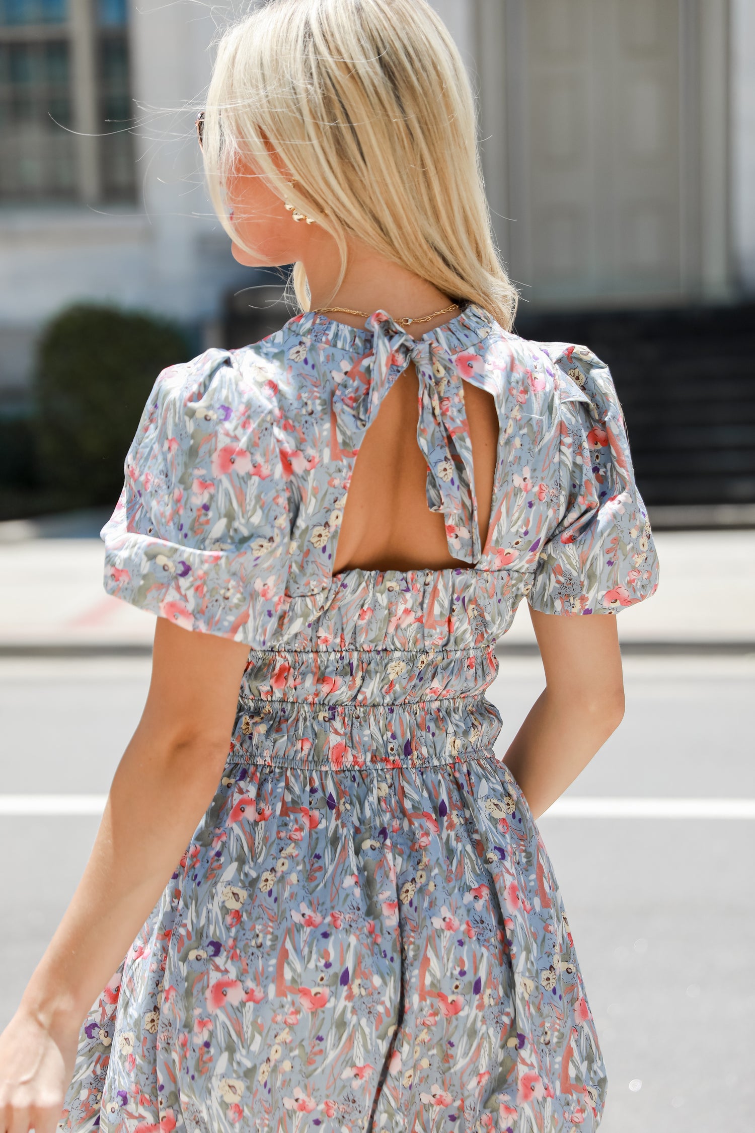 blue Floral Bubble Mini Dress on model