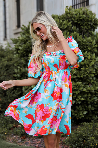 Aqua Floral Mini Dress