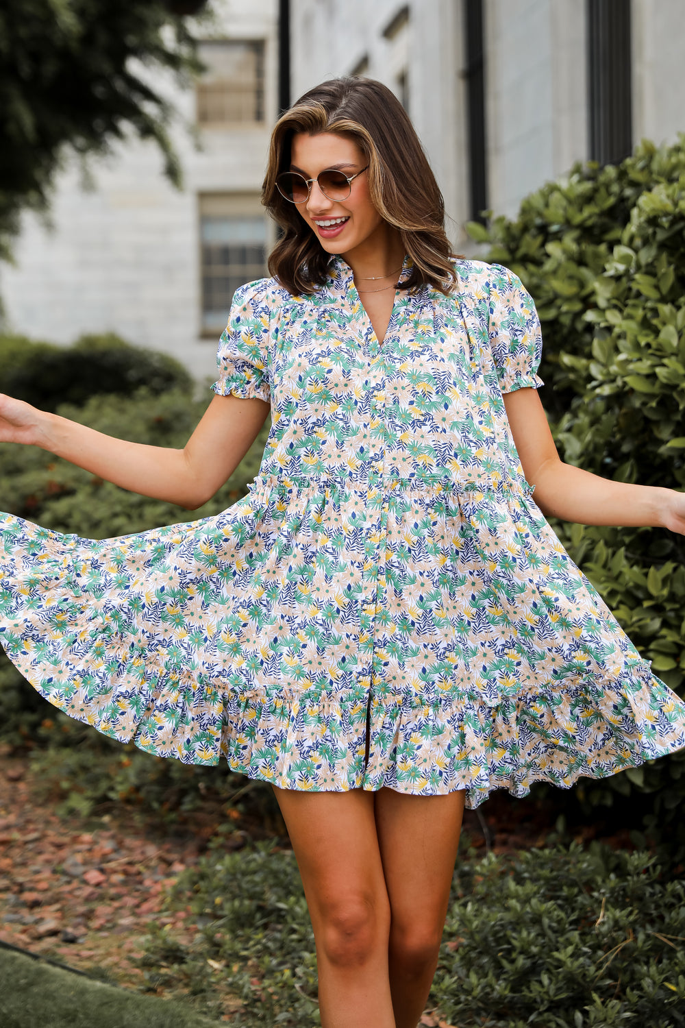 Love In The Garden Green Floral Tiered Mini Dress for spring