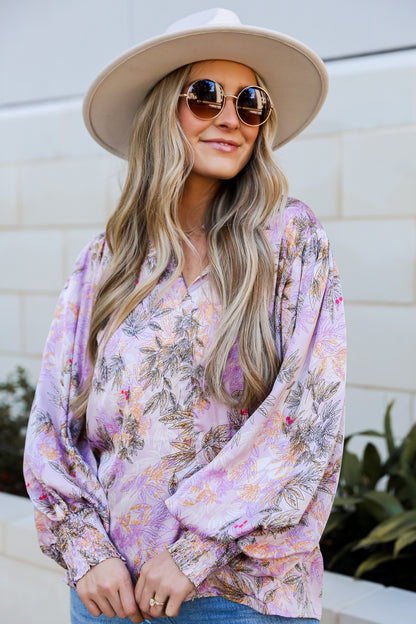 cute Lavender Satin Floral Blouse