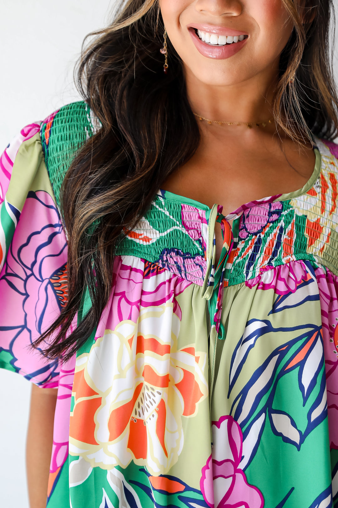 Treasured Vibe Green Satin Floral Blouse