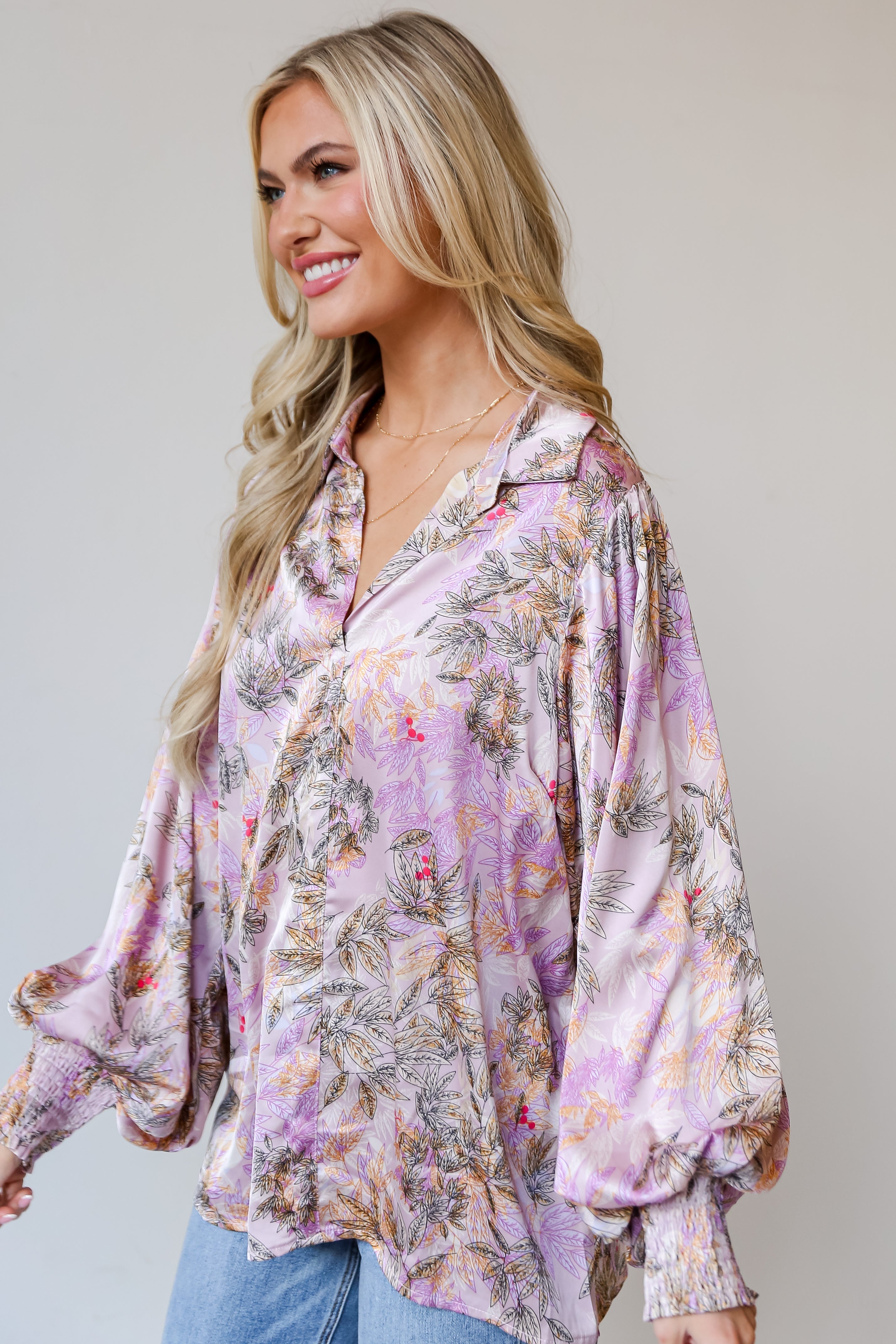 oversized Lavender Satin Floral Blouse