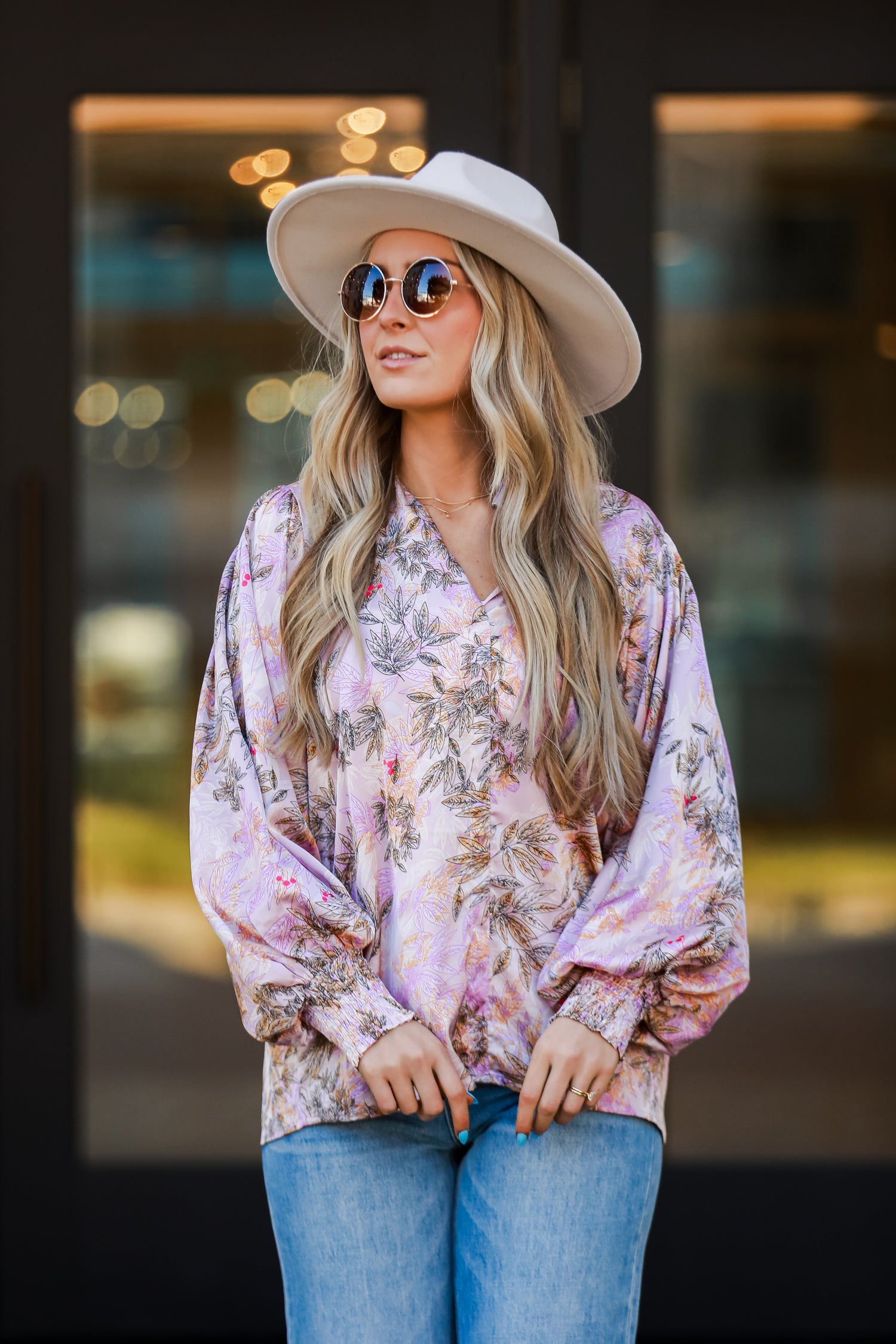 chic Lavender Satin Floral Blouse