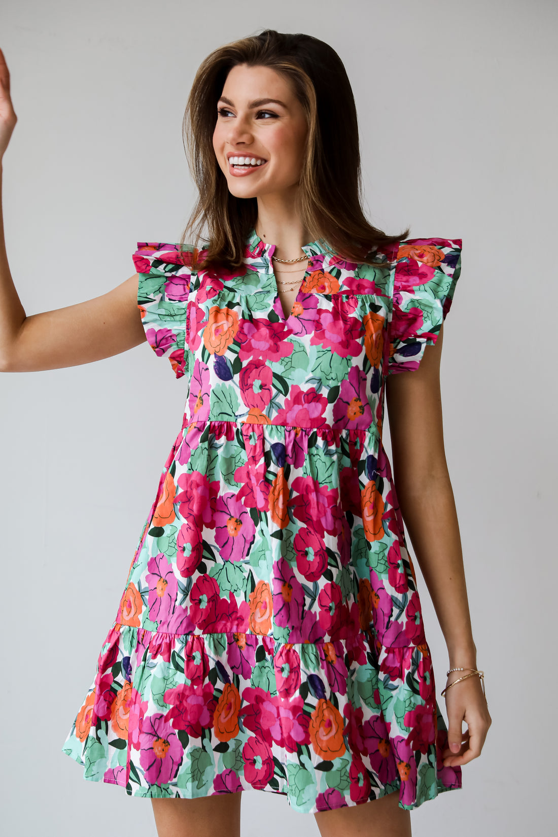 Precious Approach Fuchsia Floral Tiered  Dress Fuchsia Floral Tiered Mini Dress