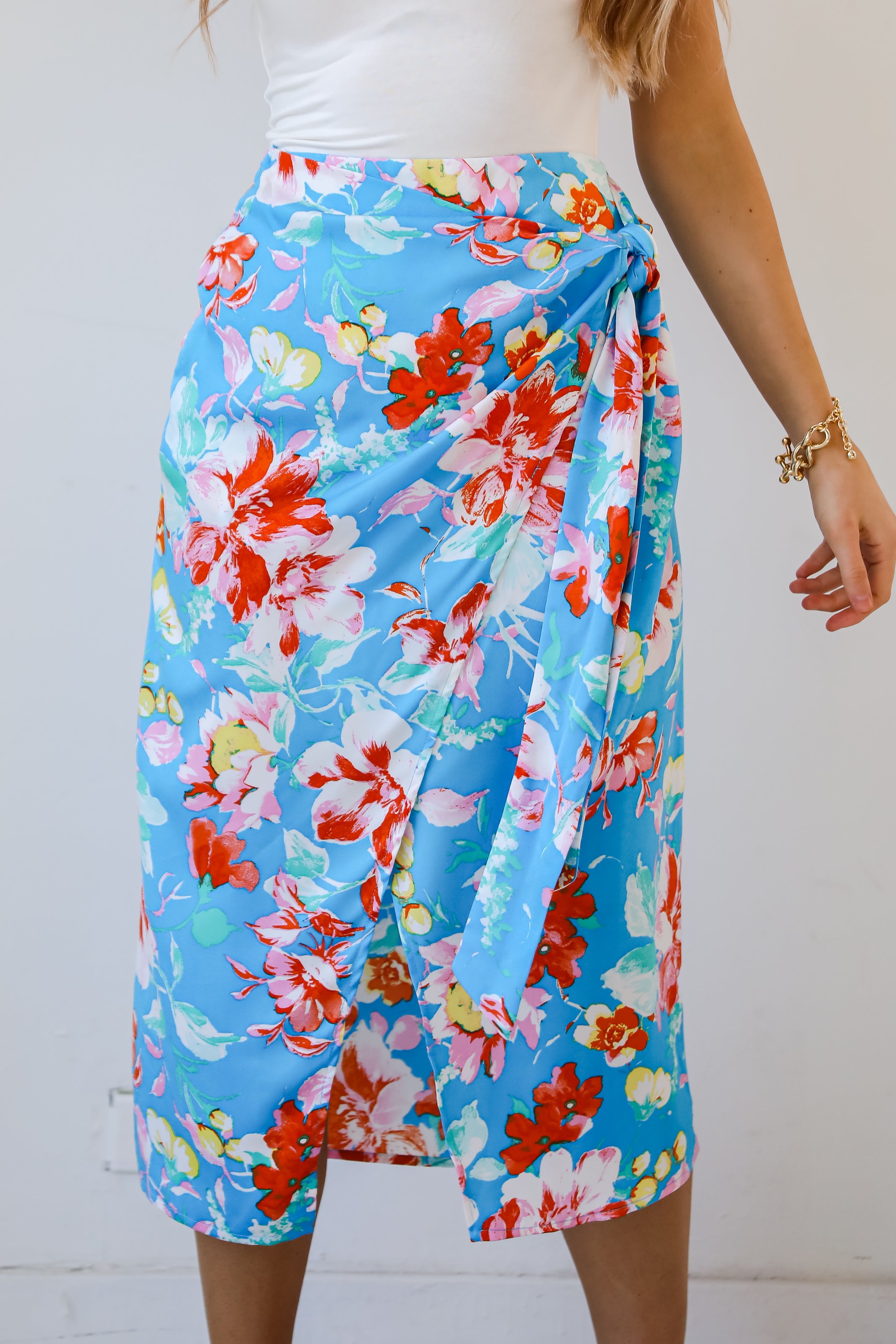 Tropical Sun Blue Floral Wrap Midi Skirt