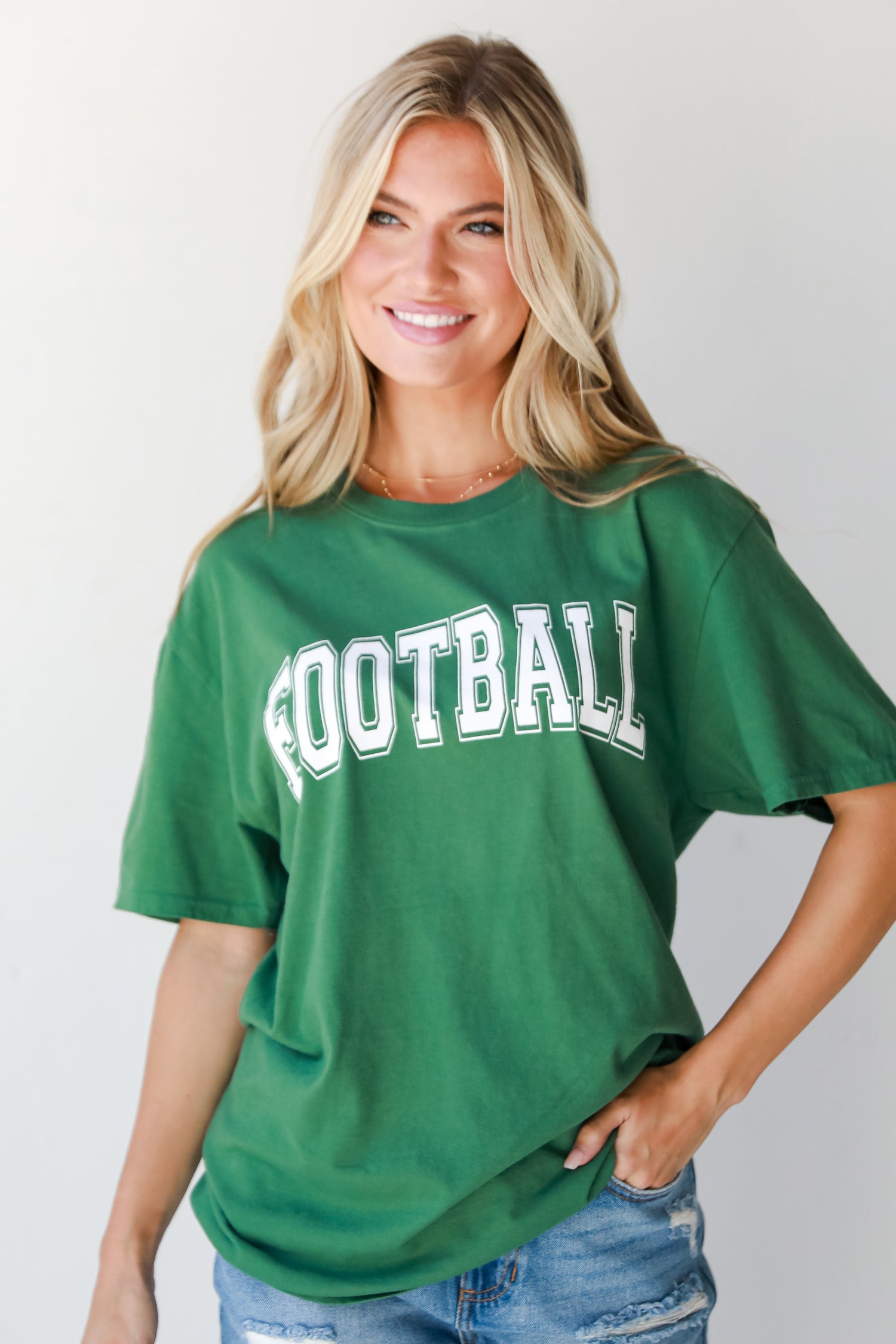 green Football Tee on model