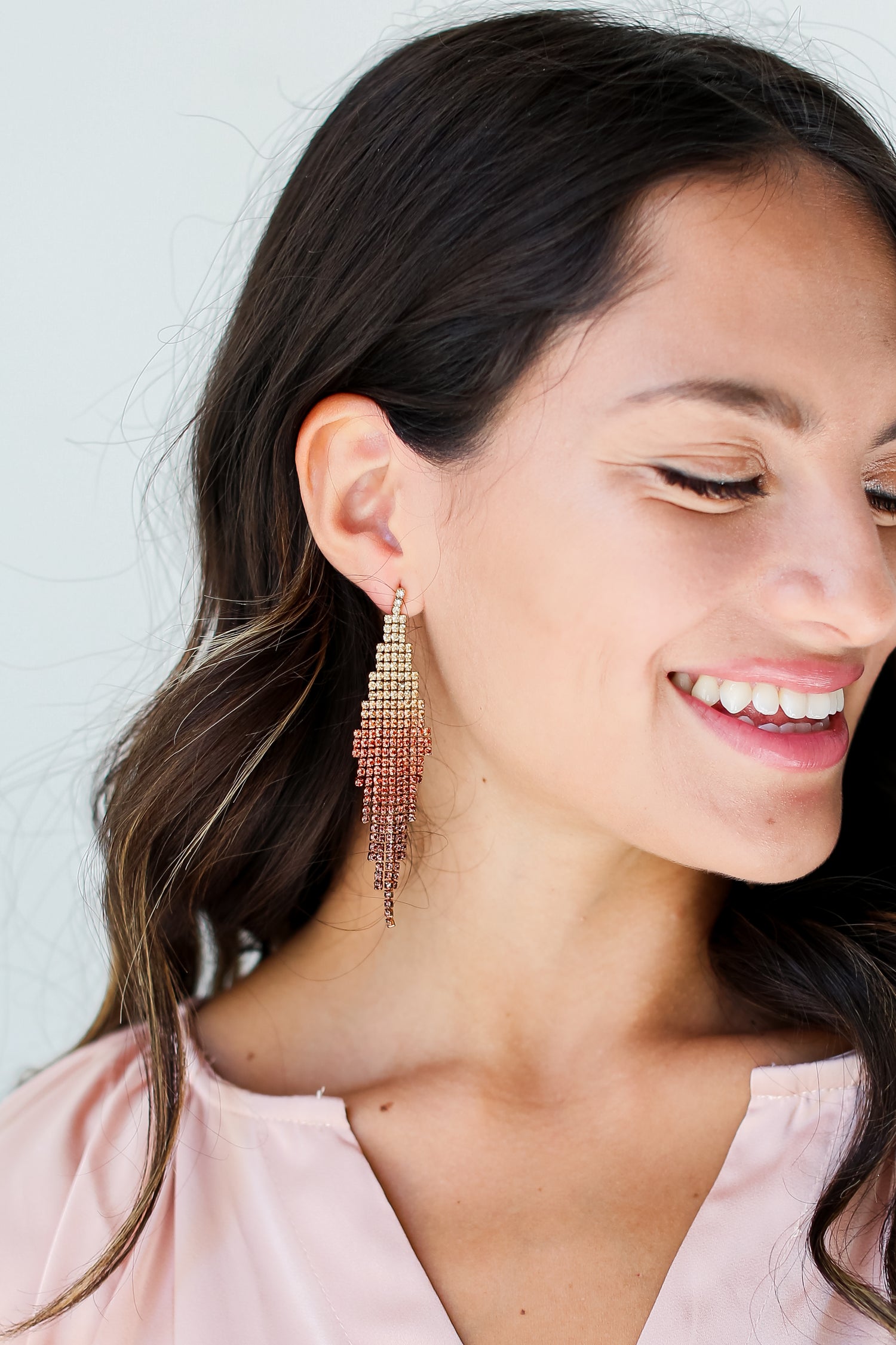 Rhinestone Fringe Earrings close up