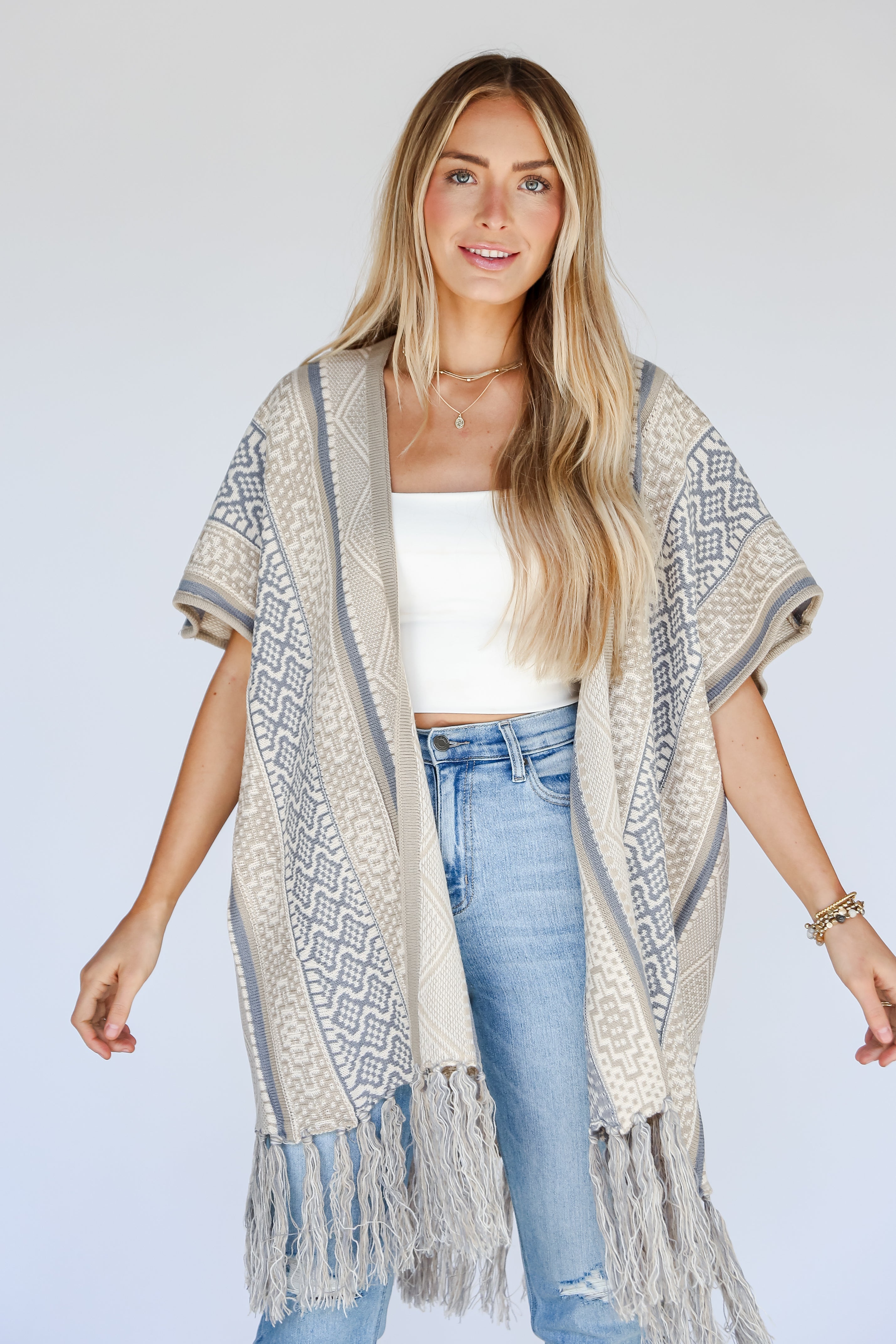 Beige Fringe Cardigan on model