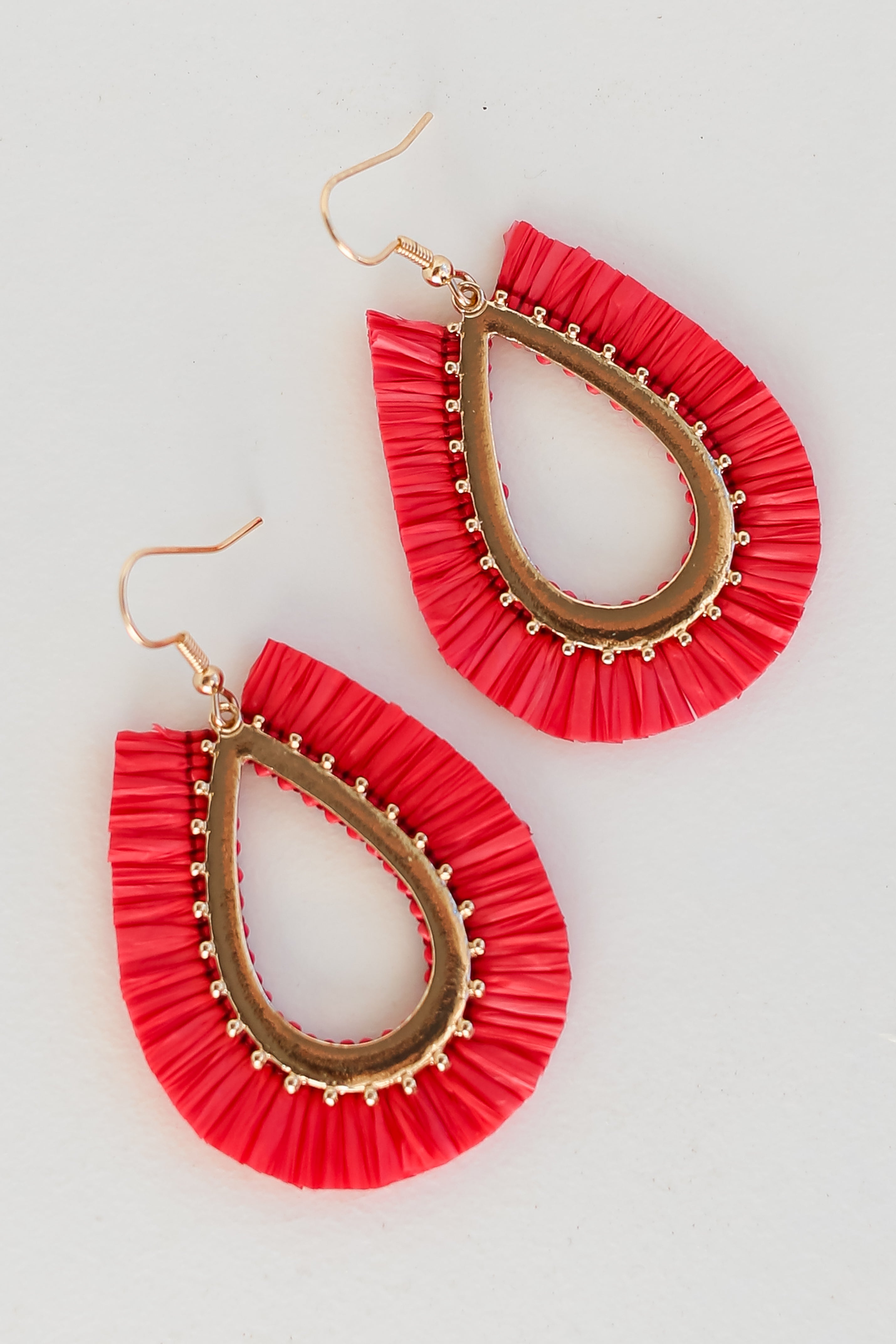 red Fringe Teardrop Earrings close up