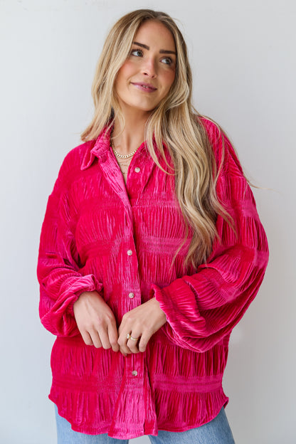 trendy Fuchsia Velvet Button-Up Blouse