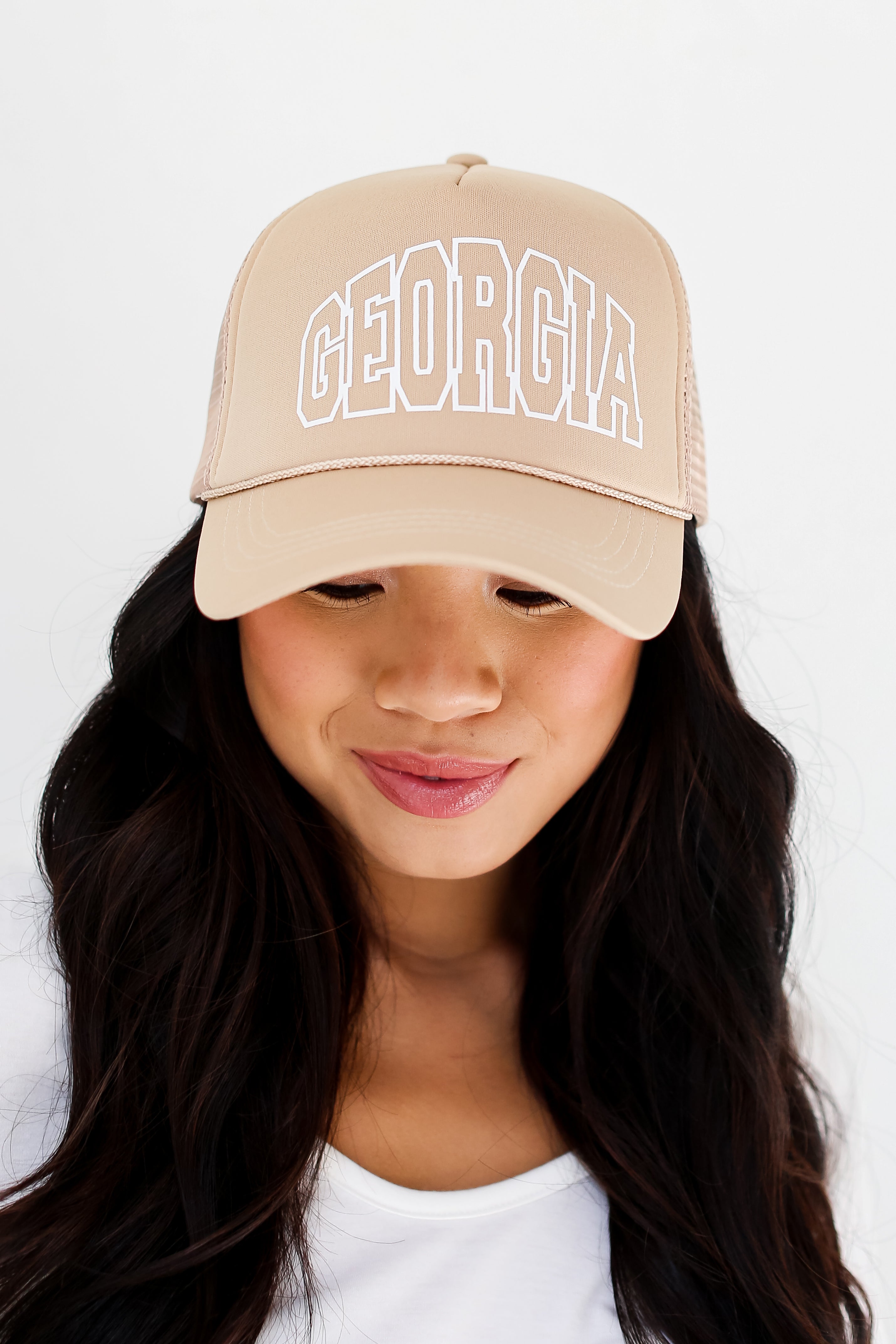 taupe Georgia Trucker Hat close up