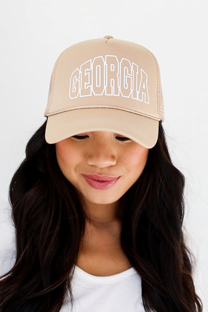 taupe Georgia Trucker Hat close up