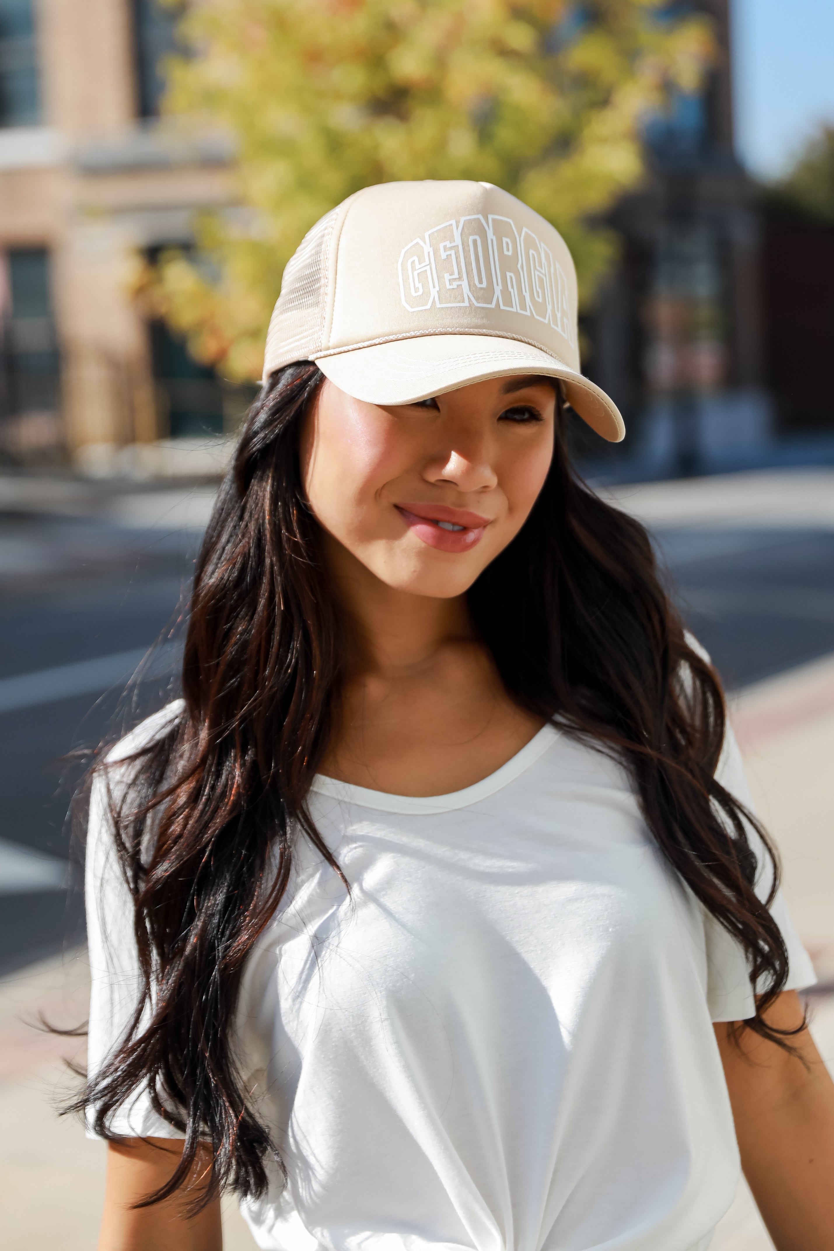 taupe Georgia Trucker Hat on model