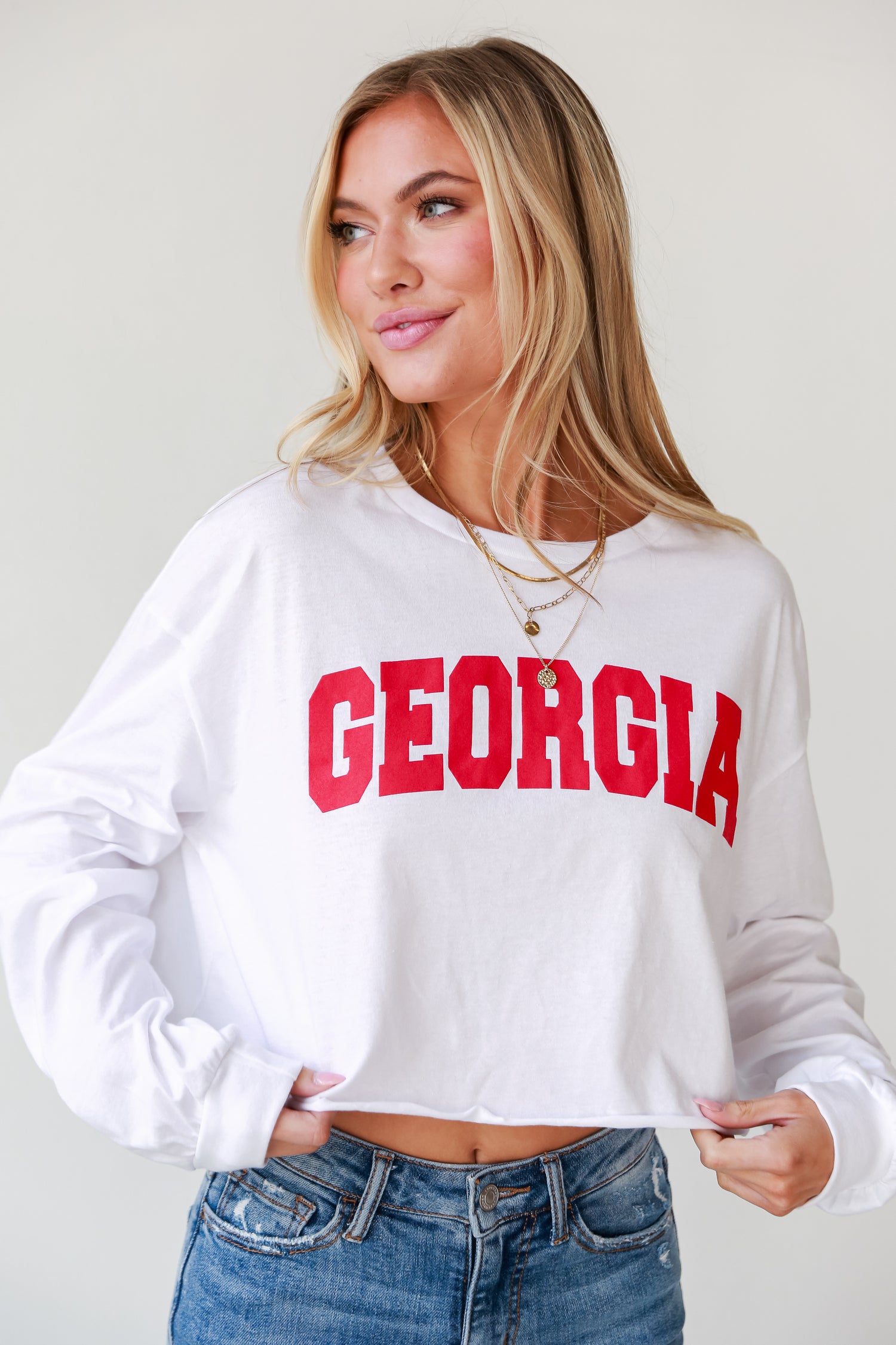 womens White Georgia Long Sleeve Cropped Tee