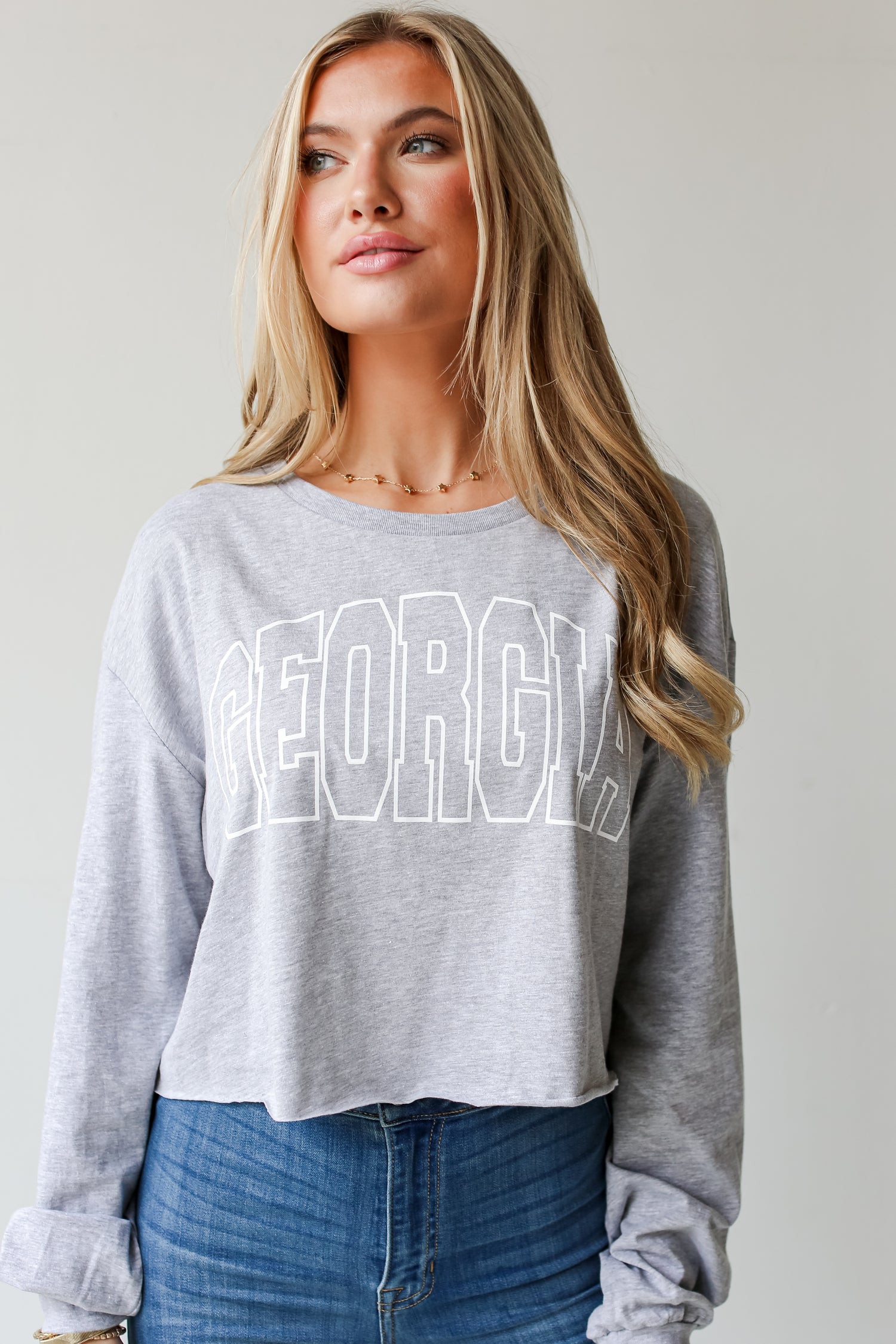 Heather Grey Georgia Cropped Long Sleeve Tee on model