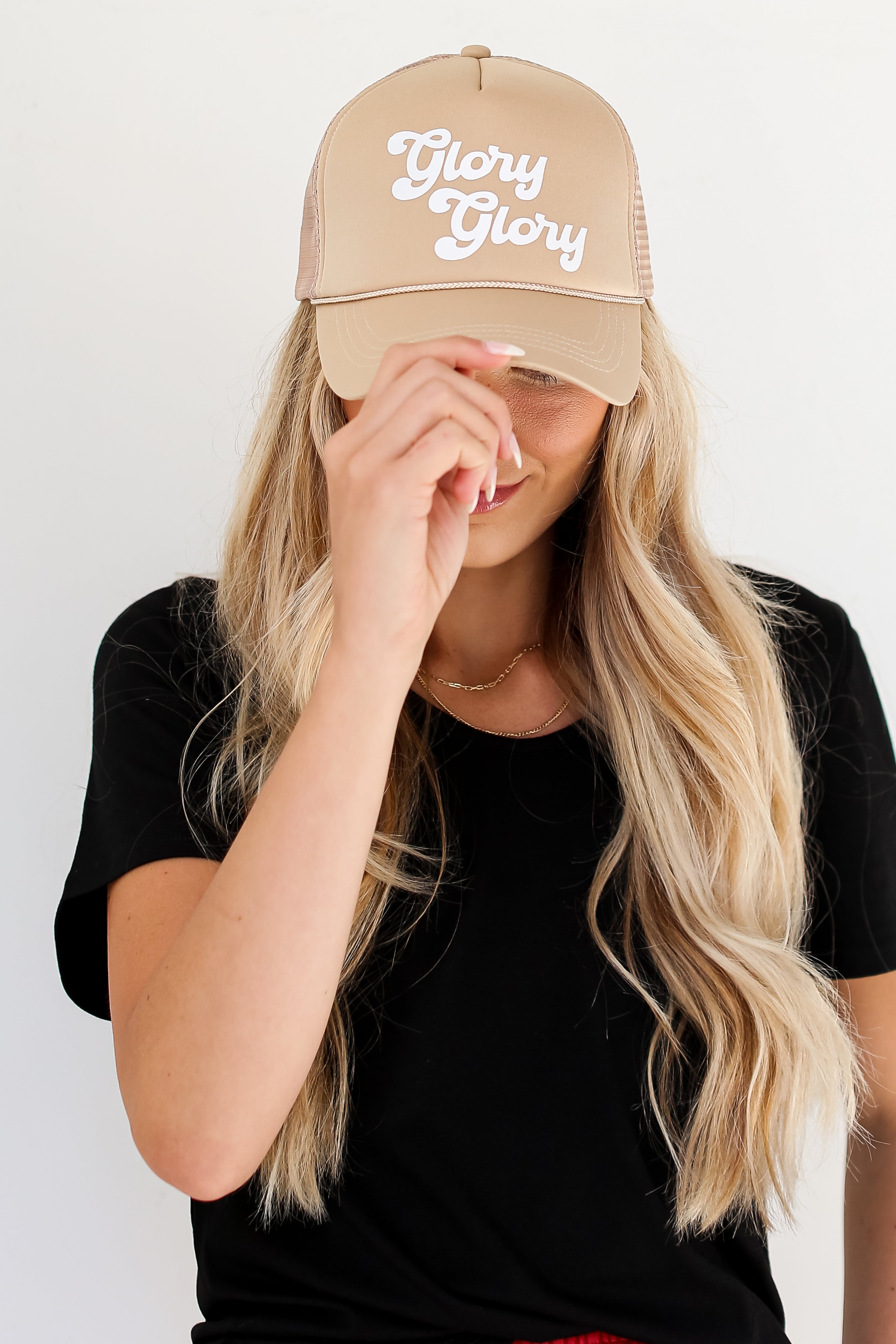 taupe Glory Glory Trucker Hat on model