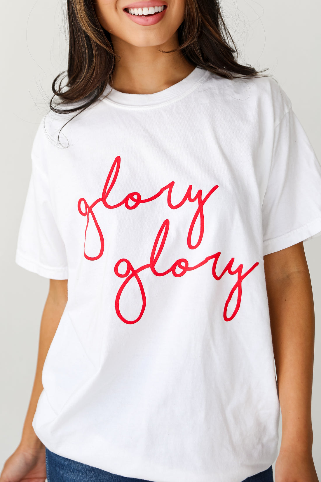 White Glory Glory Script Tee close up