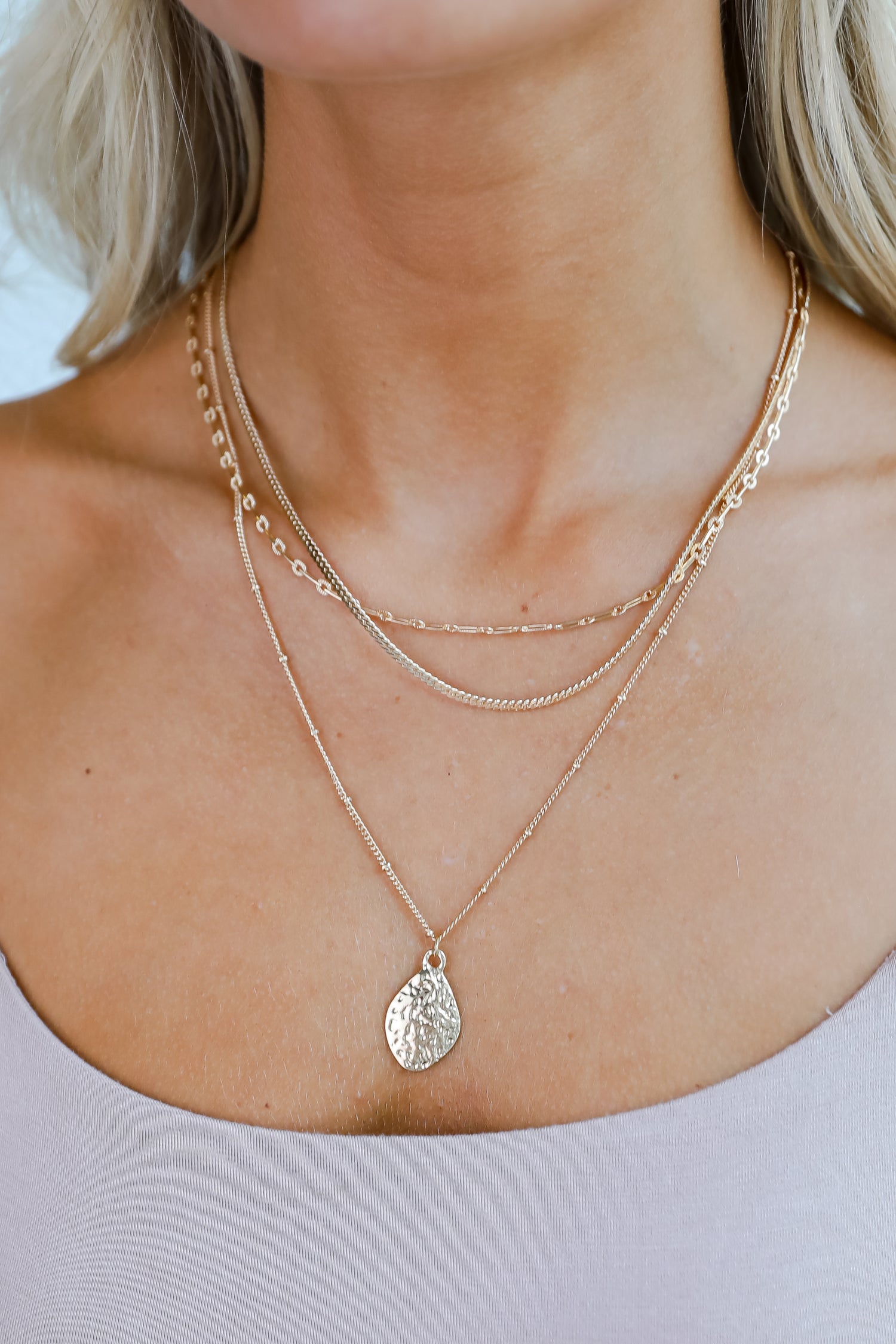 Gia Gold Hammered Charm Layered Chain Necklace