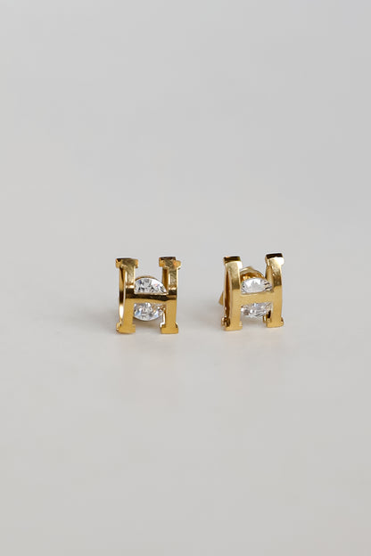 Hayley Gold &quot;H&quot; Rhinestone Stud Earrings