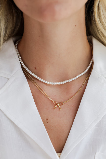 Allison Gold Pearl Bow Charm Layered Necklace