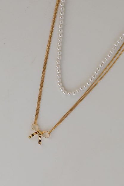 Allison Gold Pearl Bow Charm Layered Necklace