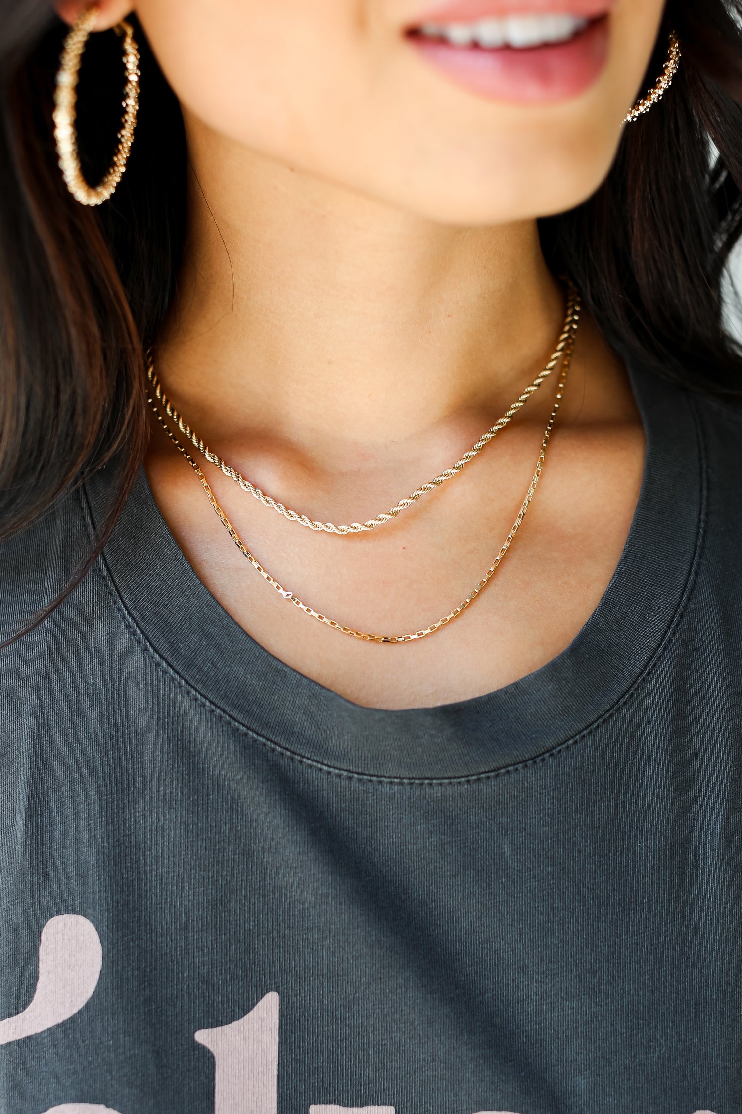 Gold Layered Chain Necklace on model