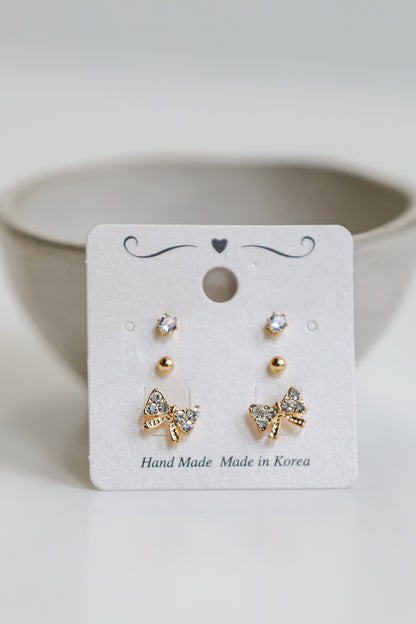 Becca Gold Rhinestone Bow Stud Earring Set
