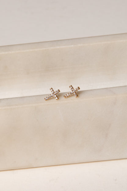 Megan Gold Rhinestone Cross Stud Earrings