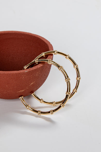 Gold hoop earrings on a terracotta pot against a light background
