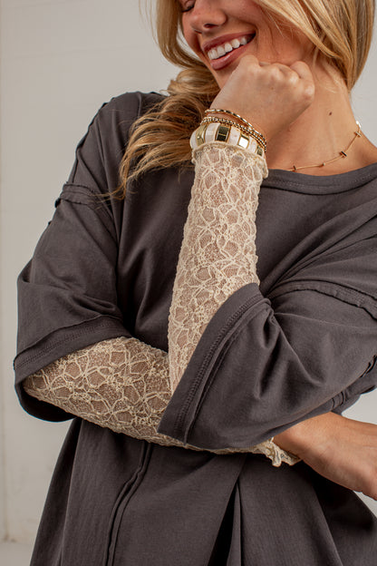 Life Well Loved Graphite Lace Sleeve Top