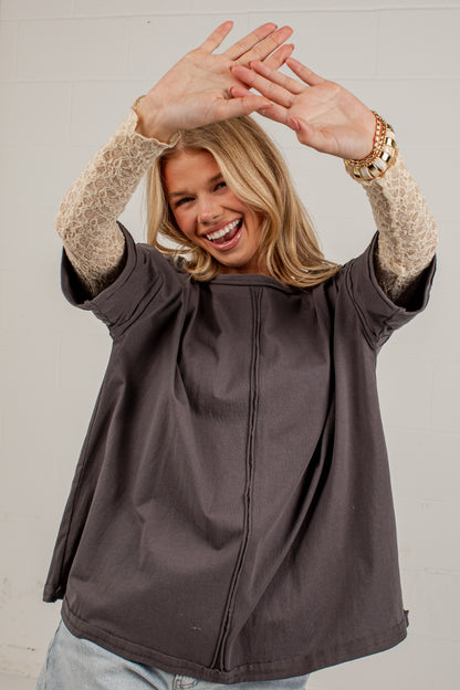 Life Well Loved Graphite Lace Sleeve Top