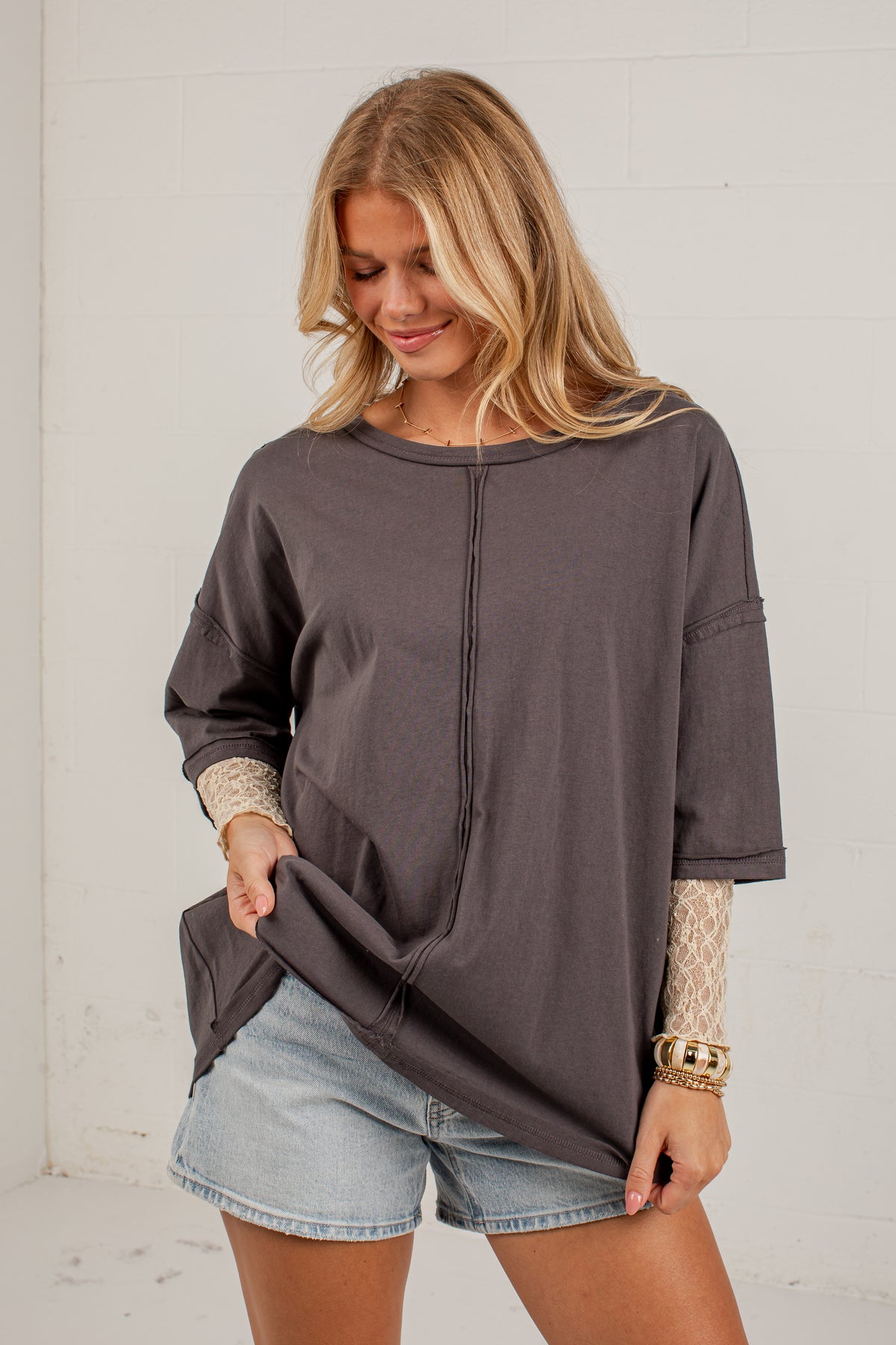 Life Well Loved Graphite Lace Sleeve Top