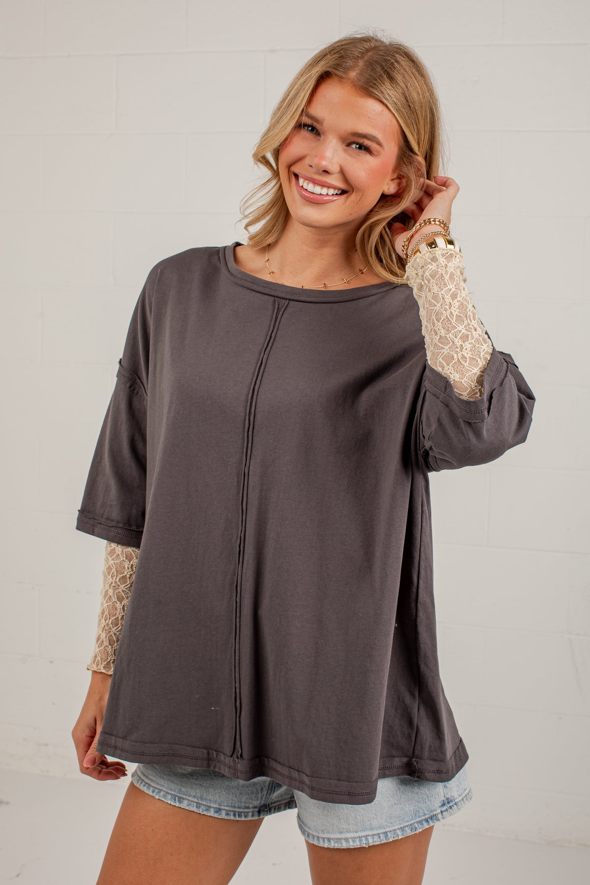 Life Well Loved Graphite Lace Sleeve Top