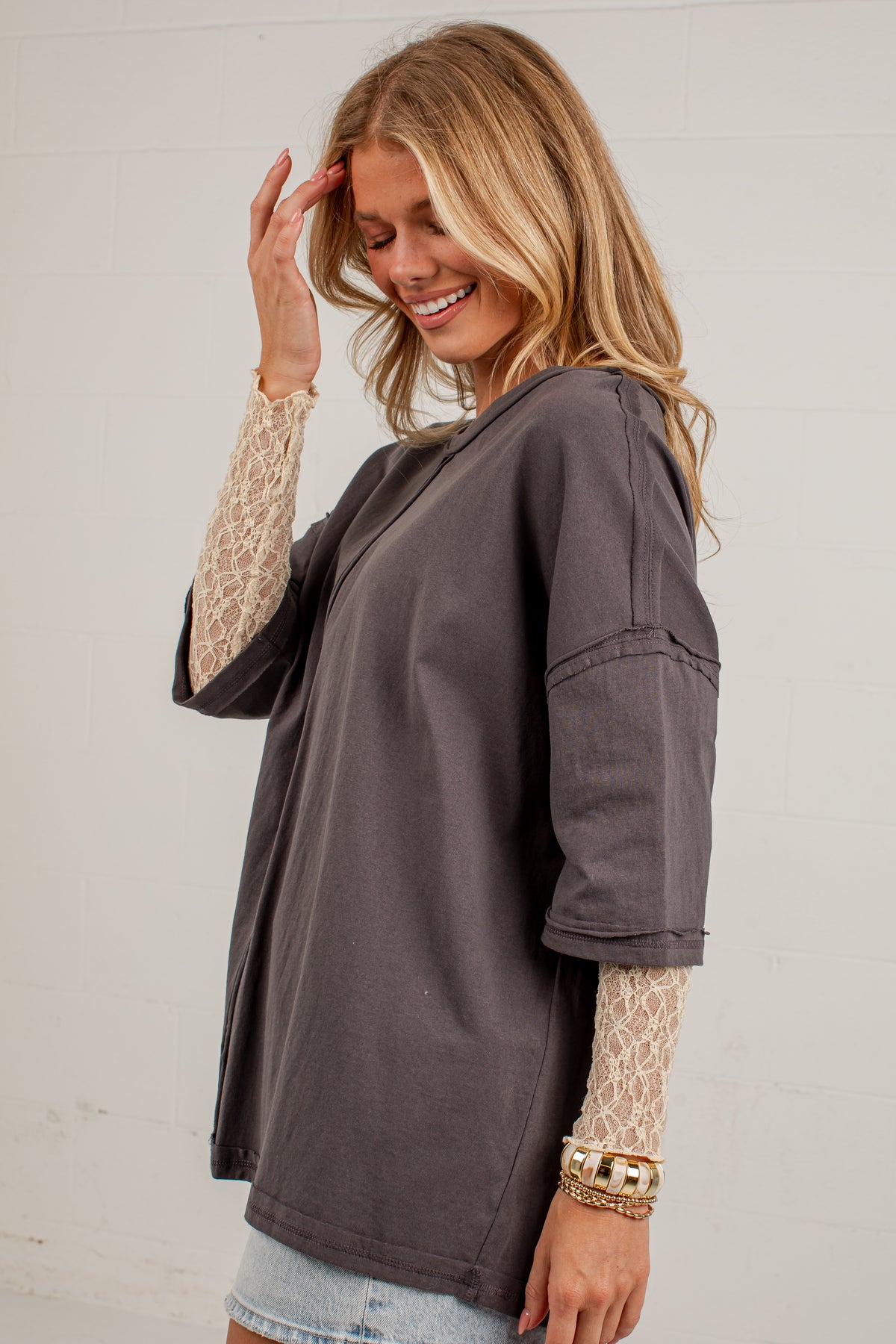 Life Well Loved Graphite Lace Sleeve Top