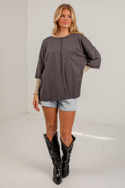 Life Well Loved Graphite Lace Sleeve Top
