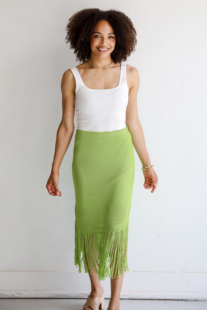 Lime Knit Fringe Midi Skirt