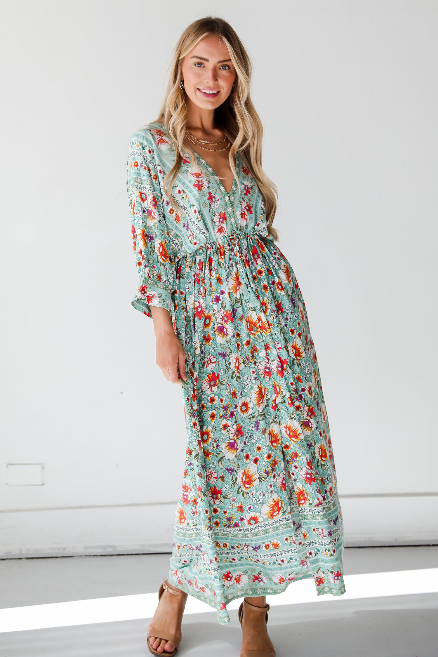 womens green Floral Maxi Dress